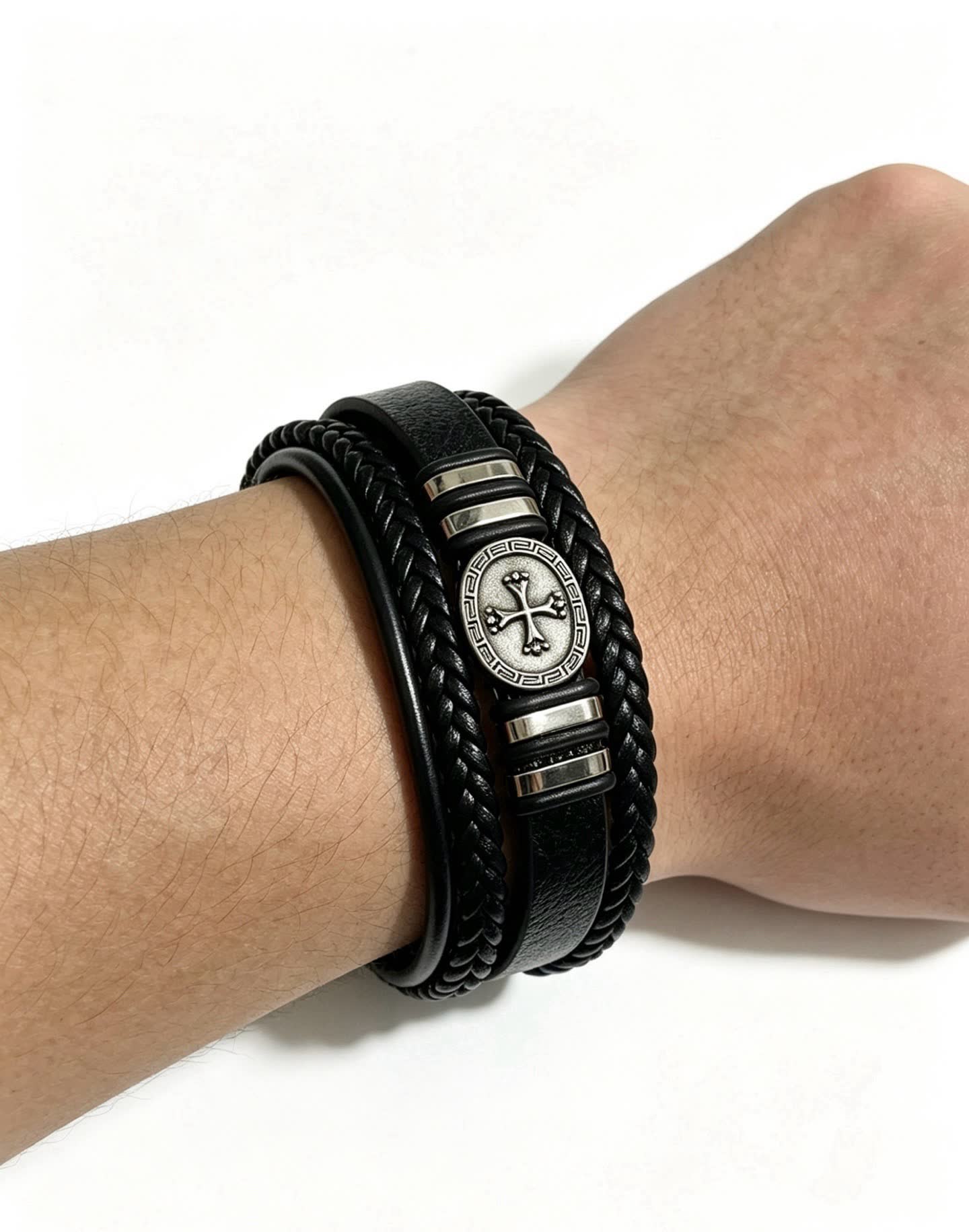 Chrome Hearts Men's Black Leather Bracelet with Silver Accents